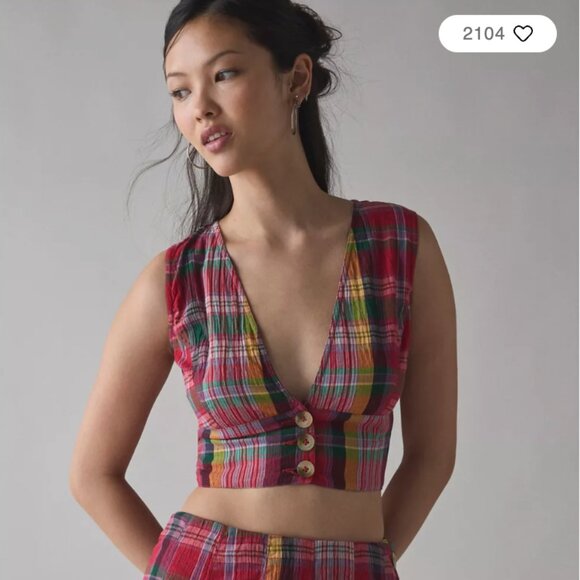 Picnic Plaid Vest Top - Lightweight 100% Cotton Deep V-Neck Button Blouse - Picture 1 of 5